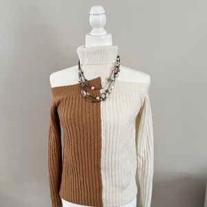 Stylish Off-Shoulder Sweater - Cream and Brown